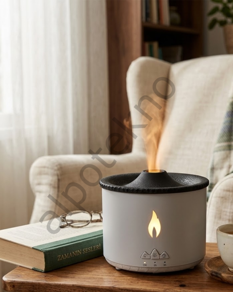 LED Alev Efektli Aroma Difüzörü Ultrasonik Hava Nemlendirici Gece Lambası Fonksiyonlu