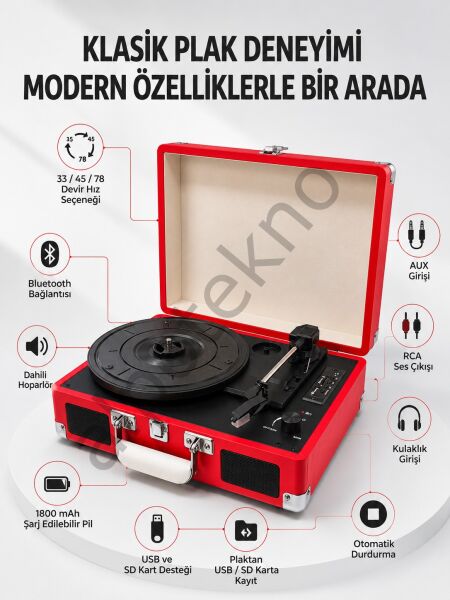Taşınabilir Bavul Tipi Pikap Bluetooth Özellikli Dahili Hoparlörlü USB ve SD Kart Destekli Kırmızı