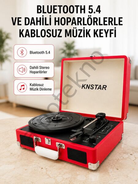 Taşınabilir Bavul Tipi Pikap Bluetooth Özellikli Dahili Hoparlörlü USB ve SD Kart Destekli Kırmızı