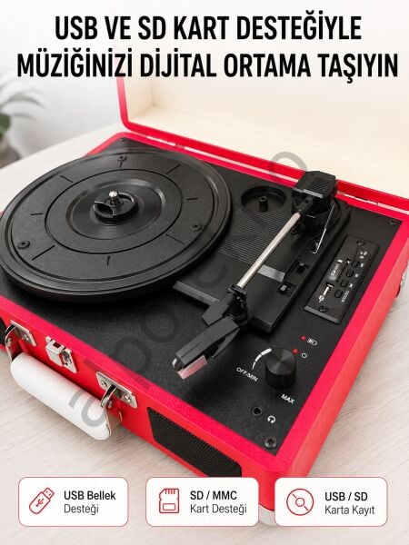 Bluetooth Bağlantılı Portatif Pikap 33 45 78 Devir Dahili Hoparlör ve Şarj Edilebilir Pil