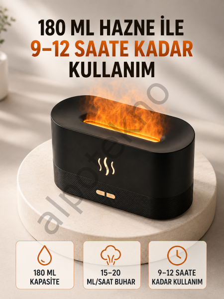 180 ML Alev Efektli Aroma Difüzörü Ultrasonik Buharlı Aromaterapi Cihazı