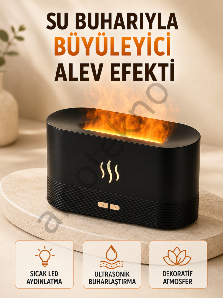 LED Alev Efektli Hava Nemlendirici 9 12 Saat Kullanımlı Aroma Difüzörü