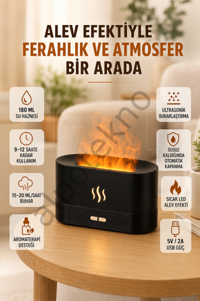 Ultrasonik Aromaterapi Difüzörü 180 ML Hazneli Dekoratif Alev Efektli Nemlendirici