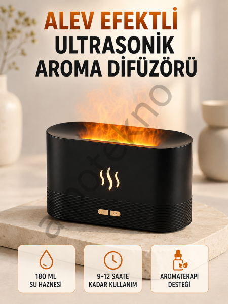 Ultrasonik Aromaterapi Difüzörü 180 ML Hazneli Dekoratif Alev Efektli Nemlendirici