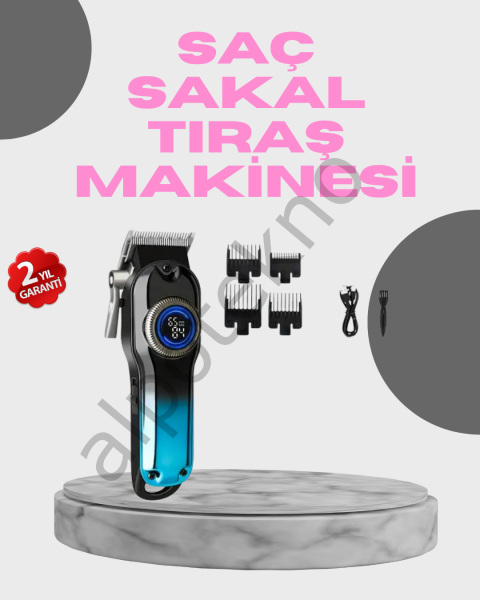 Profesyonel Saç Kesme Makinesi – 2000 mAh Şarjlı, LCD Ekranlı