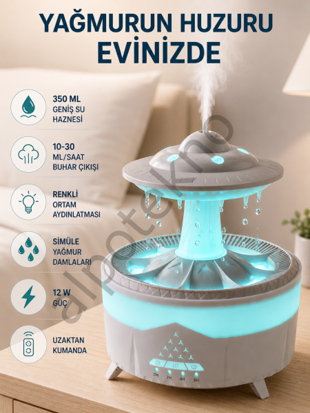 Dekoratif UFO Hava Nemlendirici Simüle Yağmur Damlalı Renkli Gece Işıklı 350 ML