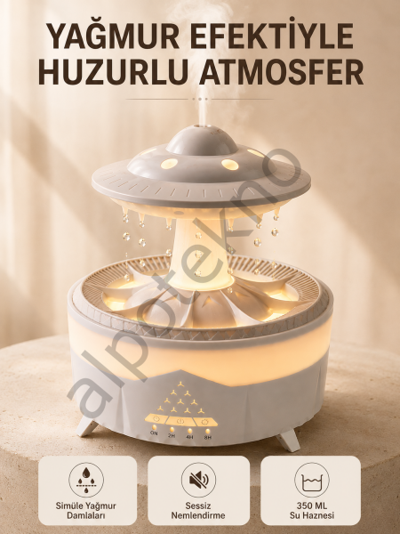 UFO Tasarımlı 350 ML Hava Nemlendirici Renkli Ortam Işığı Yağmur Efektli Difüzör