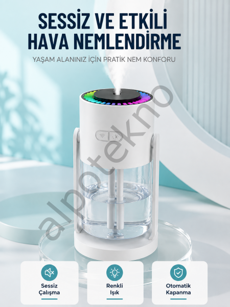 Hava Nemlendirici LED Işıklı Sessiz Çalışan Otomatik Kapanmalı Masaüstü Nemlendirme Cihazı