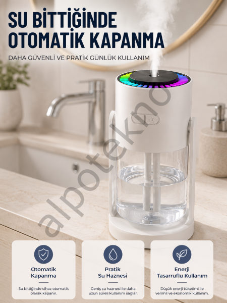 LED Işıklı Hava Nemlendirme Cihazı Şeffaf Su Hazneli Sessiz Masaüstü Nemlendirici