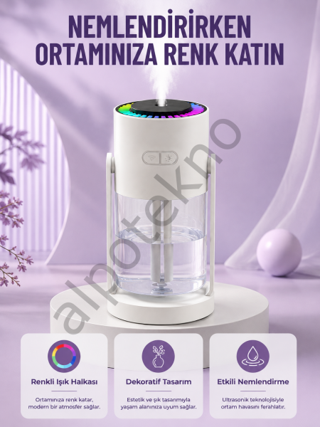 Sessiz Hava Nemlendirici Renkli Gece Işıklı Otomatik Kapanma Özellikli Nemlendirme Cihazı