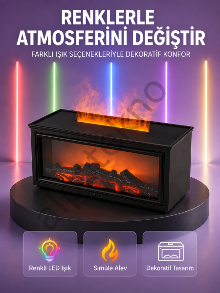 Şömine Görünümlü Hava Nemlendirici Renkli LED Işıklı Aroma Difüzörü