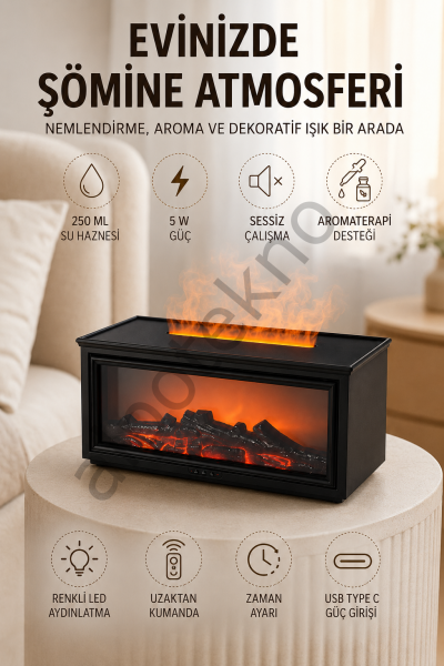 Alev Efektli Aroma Yayıcı Hava Nemlendirici Uzaktan Kumandalı Gece Lambası