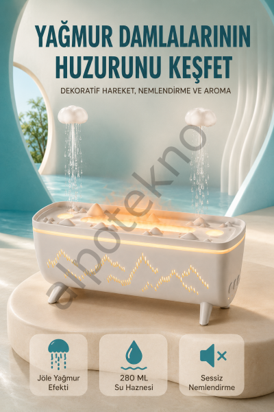 Dekoratif Hava Nemlendirici ve Aromaterapi Difüzörü 280 ML Yağmur Efektli Renkli LED Işıklı