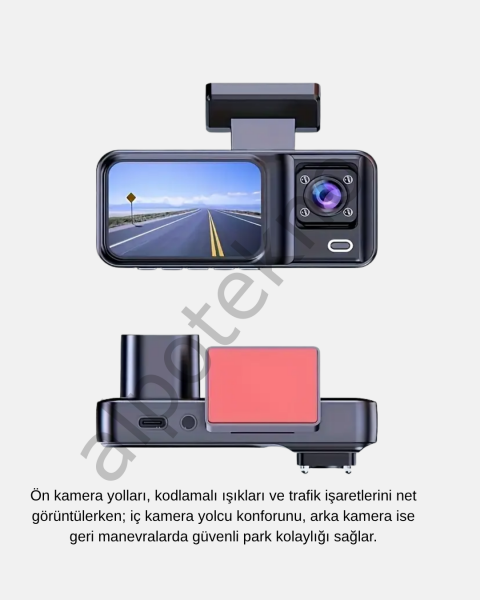 Üç Kameralı Dash Cam 170° Geniş Açılı Full HD Gece Görüşlü