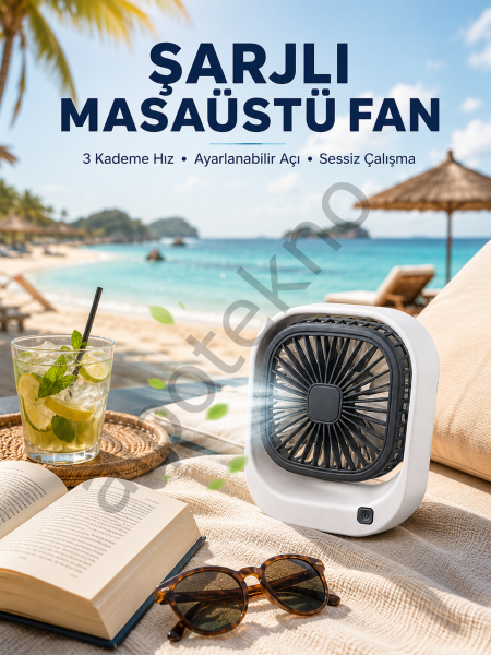 Şarjlı Masaüstü Fan 3 Kademeli Hız Ayarlı Güçlü Hava Akışı