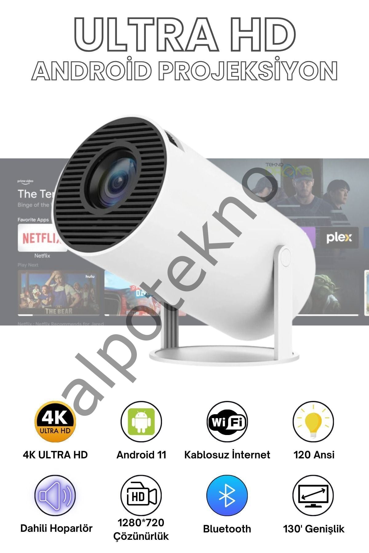 HY300 Mini Projeksiyon 4K Destekli – Android WiFi Bluetooth
