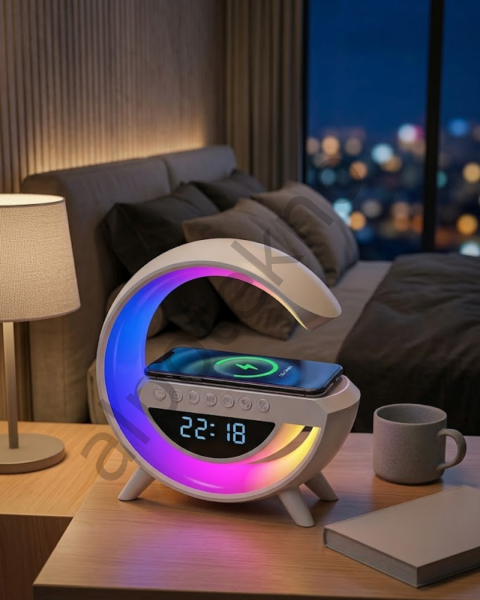 Kablosuz Şarjlı LED Işıklı Masa Saati Bluetooth Hoparlör Alarm Fonksiyonlu