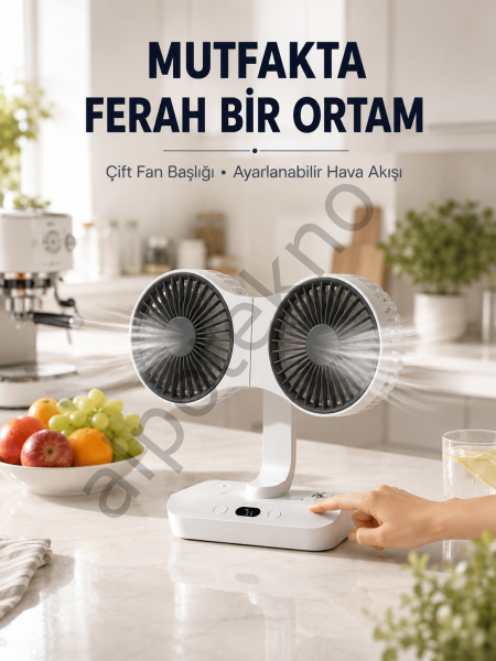 Ayarlanabilir Çift Fan Başlıklı Şarjlı Masa Vantilatörü