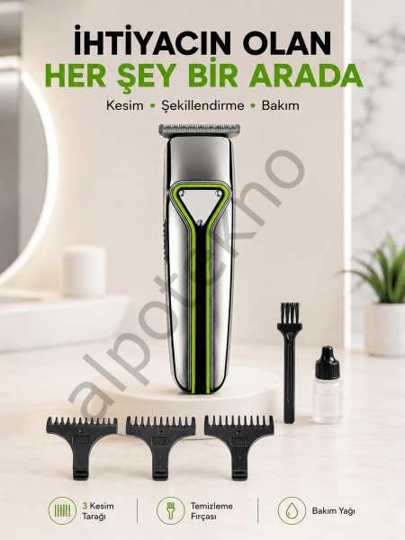 Profesyonel Saç Sakal Tıraş Makinesi T Bıçaklı Şarjlı Kablosuz 3 Taraklı Erkek Bakım Seti