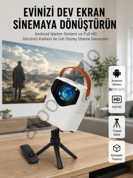 HD Ayaklı Portatif Projeksiyon Cihazı Bluetooth Wifi Akıllı Android İşlemcili