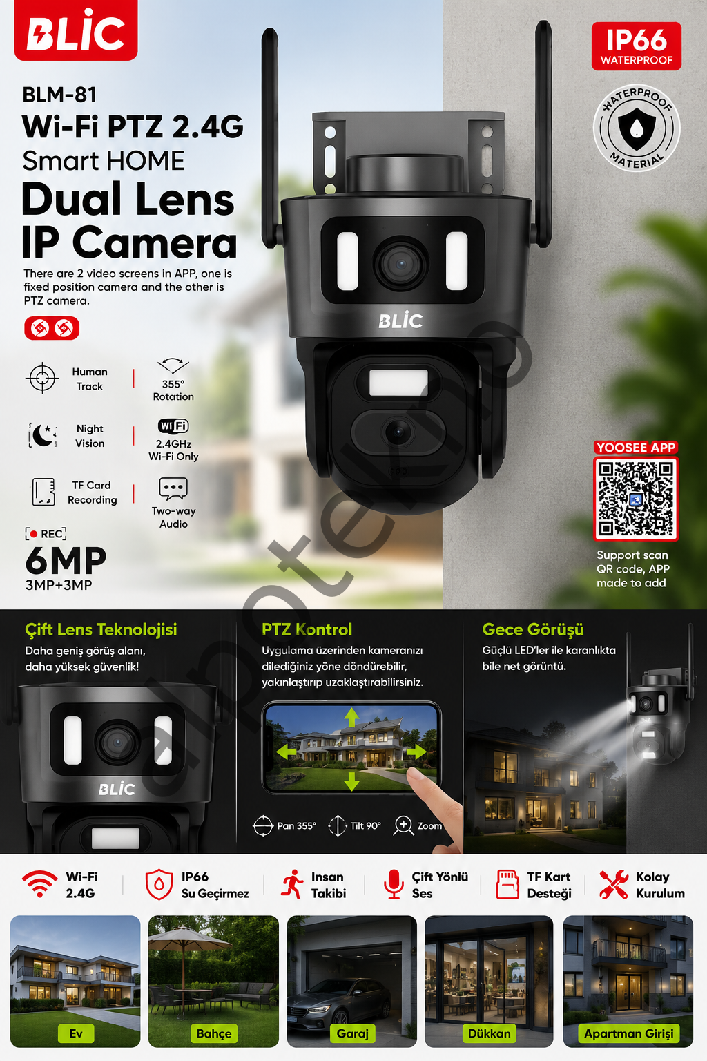 BLIC 6MP Çift Lens WiFi PTZ IP Güvenlik Kamerası