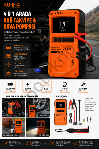 AUHMA 4'ü 1 Arada Akü Takviye Cihazı 10000mAh 1000A | 150 PSI Hava Kompresörü | Powerbank | LED Fener