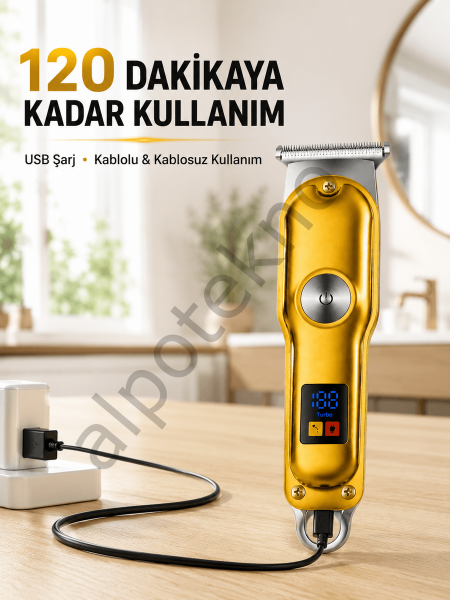 Profesyonel Saç Sakal Tıraş Makinesi T Bıçaklı Turbo Modlu LED Ekranlı 3 Taraklı Şarjlı
