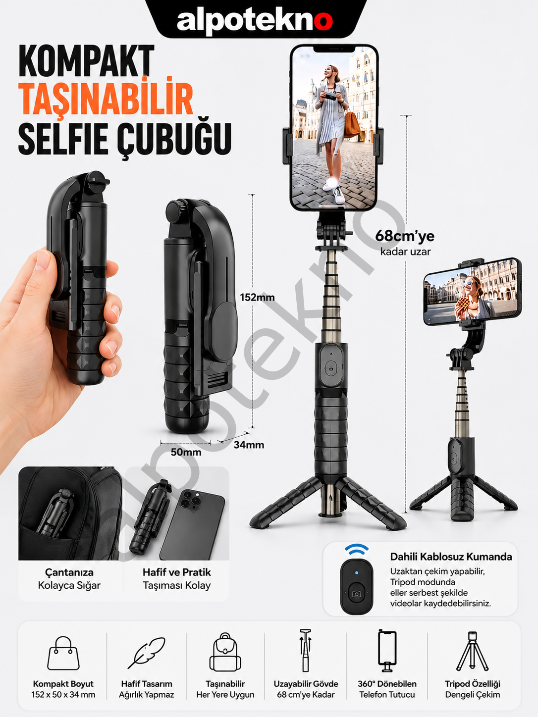 Bluetooth Kumandalı Mini Selfie Çubuğu Tripod 68 cm Uzatılabilir Telefon Tutucu Android iPhone Uyumlu Cep Boy Selfie Stick