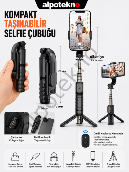 Bluetooth Kumandalı Mini Selfie Çubuğu Tripod 68 cm Uzatılabilir Telefon Tutucu Android iPhone Uyumlu Cep Boy Selfie Stick