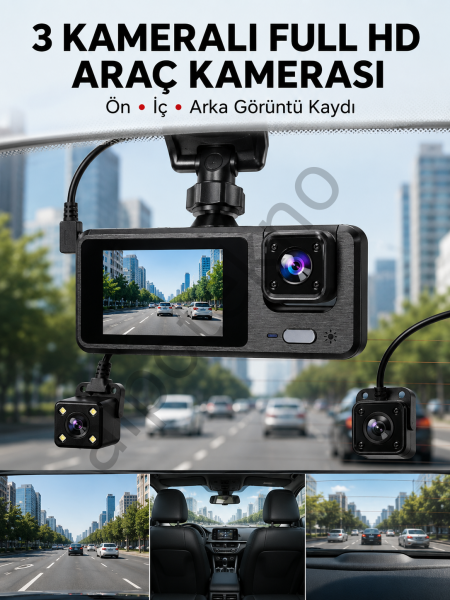 3 Kanallı Araç DVR – Ön + İç + Arka Kamera ile Tam Kapsama, Yüksek Güvenlik Yeni Nesil