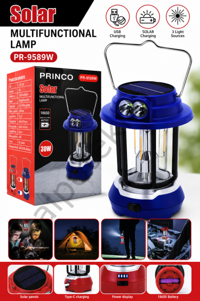 PRINCO PR-9589W 30W Solar Kamp Lambası Type-C USB Şarjlı LED ve COB Aydınlatmalı 18650 Bataryalı Kamp Feneri