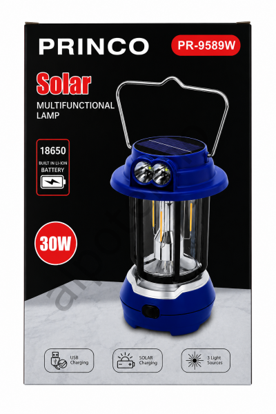 PRINCO PR-9589W 30W Solar Kamp Lambası Type-C USB Şarjlı LED ve COB Aydınlatmalı 18650 Bataryalı Kamp Feneri