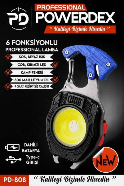 Powerdex PD-808 6 Fonksiyonlu COB LED Kamp ve Acil Durum Feneri | Type-C Şarjlı | Çakmak | Düdük | Kemer Kesici