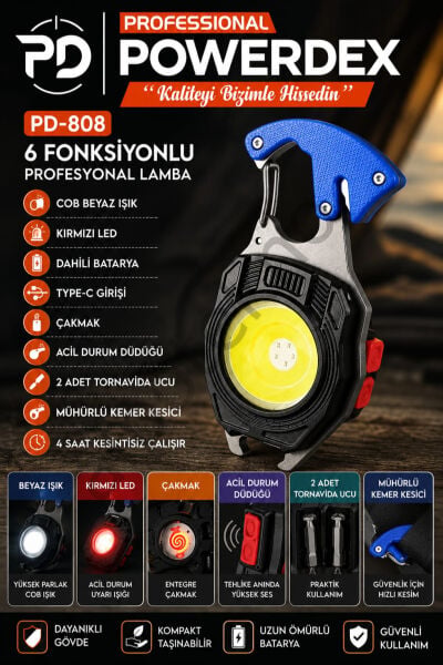 Powerdex PD-808 6 fonksiyonlu COB LED kamp ve acil durum feneri Type-C şarjlı