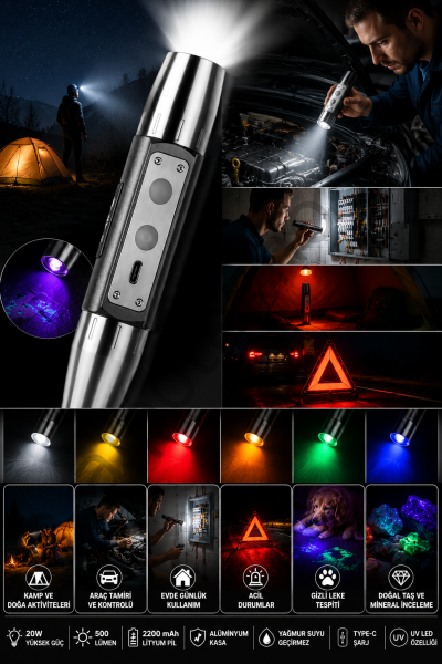 POWERDEX PD-9007 şarjlı LED el feneri 20W 500 lümen UV LED Type-C şarjlı alüminyum gövdeli outdoor el feneri