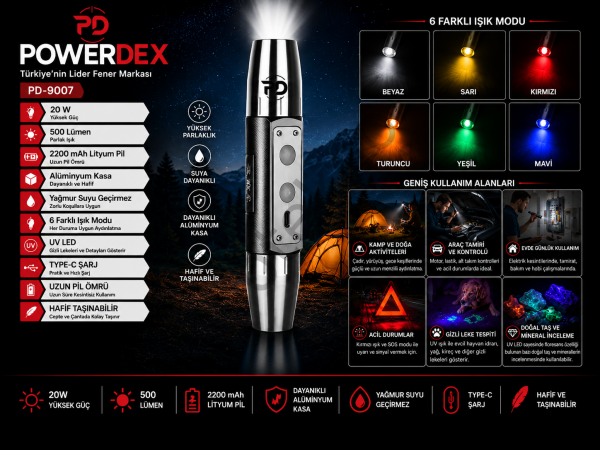 POWERDEX PD-9007 şarjlı LED el feneri 20W 500 lümen UV LED Type-C şarjlı alüminyum gövdeli outdoor el feneri
