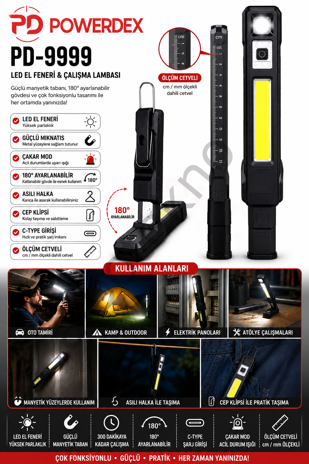 POWERDEX PD-9999 şarjlı LED çalışma lambası, 180° ayarlanabilir, mıknatıslı, Type-C şarjlı, COB LED el feneri ve dahili cetvelli.