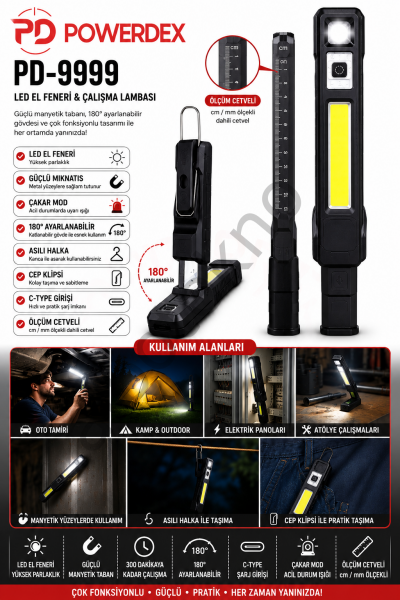 POWERDEX PD-9999 şarjlı LED çalışma lambası, 180° ayarlanabilir, mıknatıslı, Type-C şarjlı, COB LED el feneri ve dahili cetvelli.