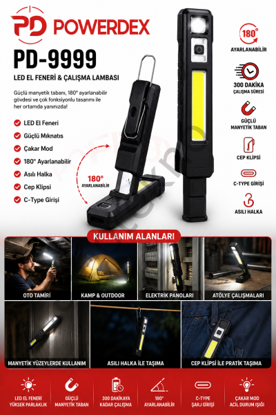 POWERDEX PD-9999 şarjlı LED çalışma lambası, 180° ayarlanabilir, mıknatıslı, Type-C şarjlı, COB LED el feneri ve dahili cetvelli.