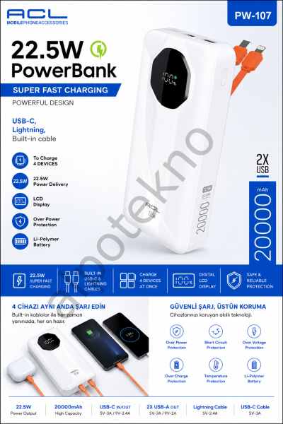 ACL PW-107 20000 mAh 22.5W hızlı şarj powerbank dahili USB-C ve Lightning kablolu taşınabilir şarj cihazı beyaz