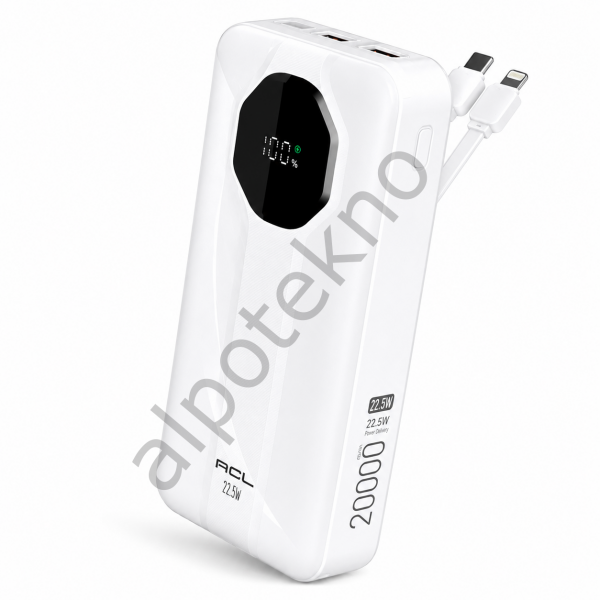 ACL PW-107 20000 mAh 22.5W hızlı şarj powerbank dahili USB-C ve Lightning kablolu taşınabilir şarj cihazı beyaz