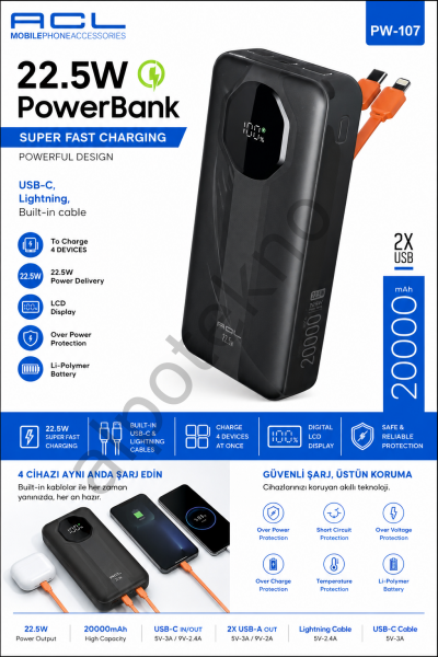 ACL PW-107 20000 mAh 22.5W hızlı şarj powerbank dahili USB-C ve Lightning kablolu taşınabilir şarj cihazı siyah