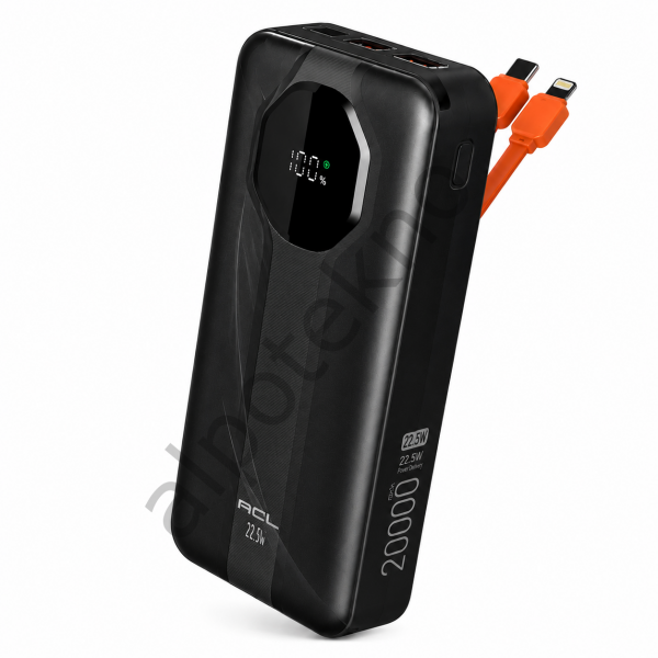 ACL PW-107 20000 mAh 22.5W hızlı şarj powerbank dahili USB-C ve Lightning kablolu taşınabilir şarj cihazı siyah