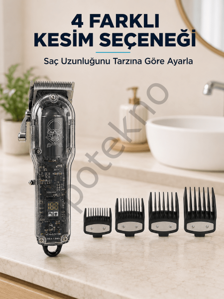 Saç Kesme ve Tıraş Makinesi 4 Kılavuz Taraklı Ayarlanabilir Bıçaklı LCD Ekranlı Şarj Edilebilir Profesyonel Tasarım