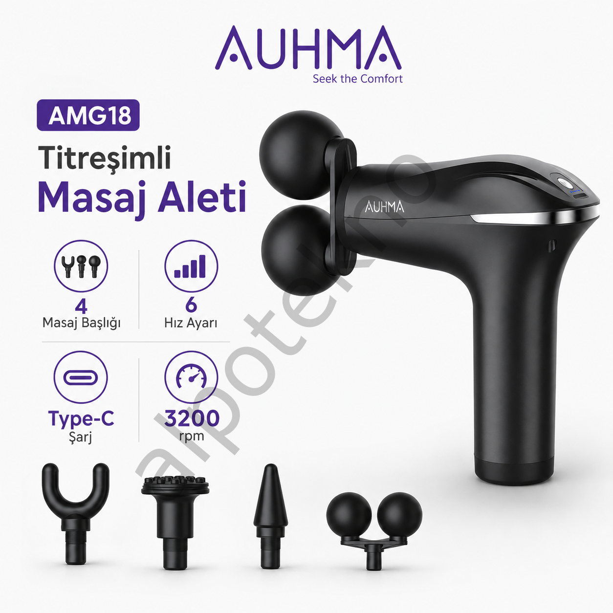 AUHMA AMG18 masaj tabancası 6 hızlı 4 başlıklı siyah masaj aleti