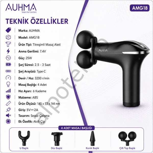 AUHMA AMG18 masaj tabancası teknik özellikleri 25W 3200 RPM Type-C