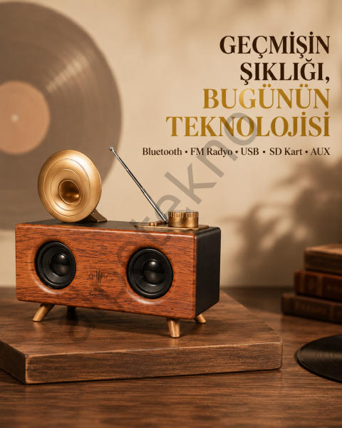Çift Hoparlörlü Retro Bluetooth Speaker 1800mAh Bataryalı AUX USB SD Kartlı