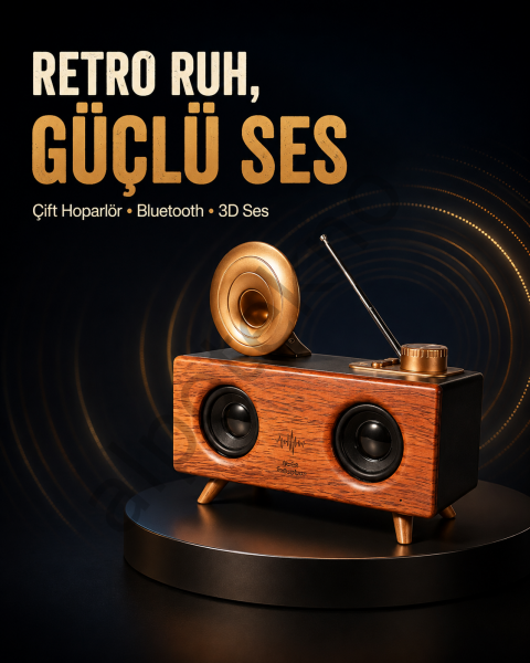 Gramafon Tasarımlı Bluetooth Hoparlör 3D Ses Teknolojili Çok Fonksiyonlu