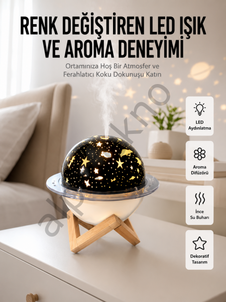 Hava Nemlendirici Led Işıklı Gece Lambası Yıldız Görünümlü Renk Değiştiren