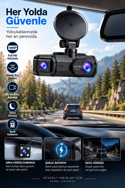Ön Arka Kayıt 1080P Full HD 180° Geniş Açı Şarjlı Kullanım